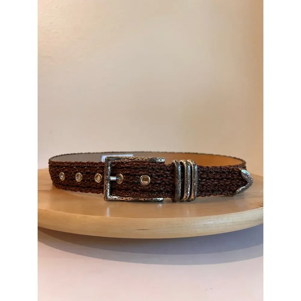 Vintage Woven Brown Barbara & Co Genuine Leather Silver Tipped Belt Size Medium